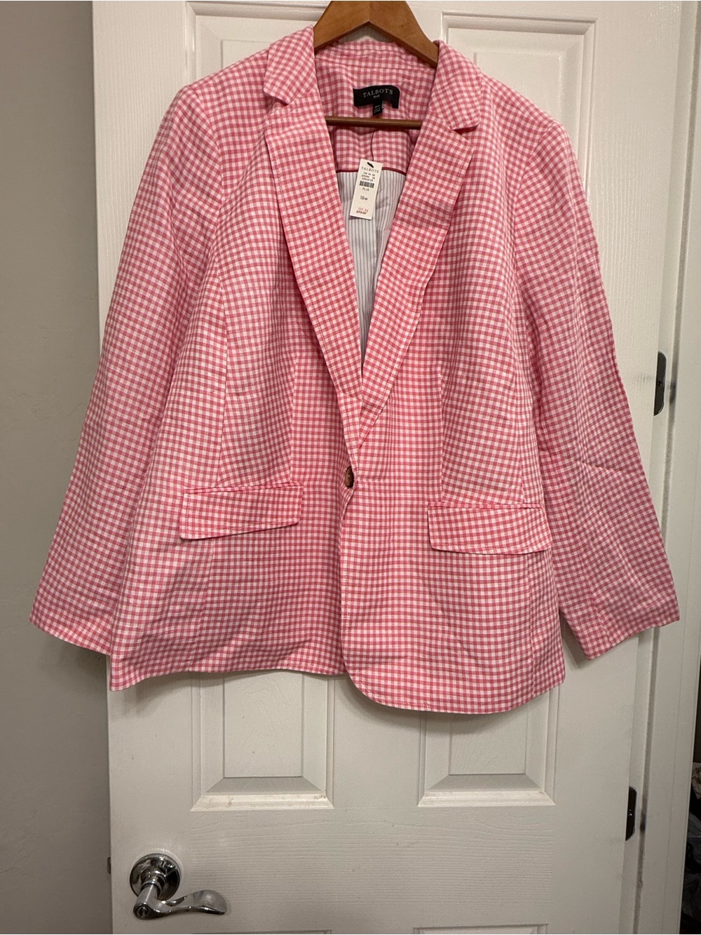 Talbots NWT Pink & White Gingham Linen Cotton Blazer Jacket - Plus Size 18W